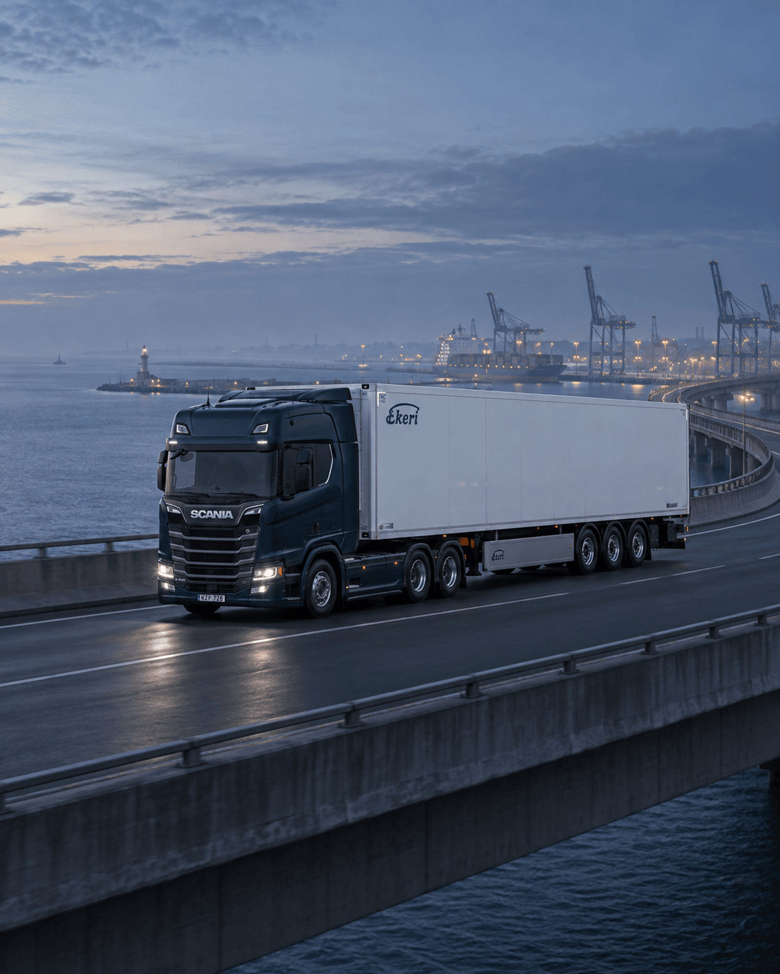 Un Scania et sa remorque Ekeri sur un viaduc devant un port à l’aube. Visuel généré pour la connexion Fleet.